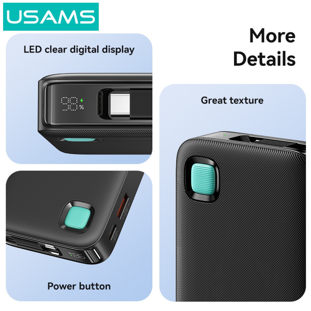 USAMS power bank CD224 με καλώδιο USB-C, 2x θύρες εξόδου, 10000mAh, 20W, λευκό