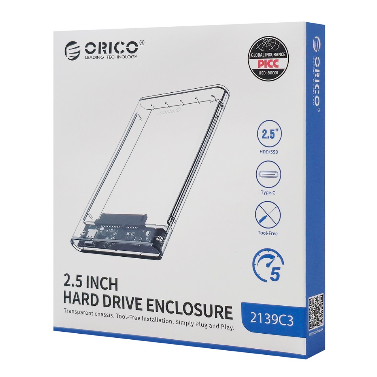 ORICO θήκη για 2.5" SATA HDD/SSD 2139C3, 5Gbps, διάφανη