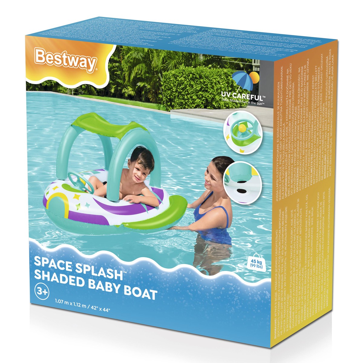 BESTWAY παιδική φουσκωτή βάρκα με σκίαστρο 34149, 107x112cm, Space Splash