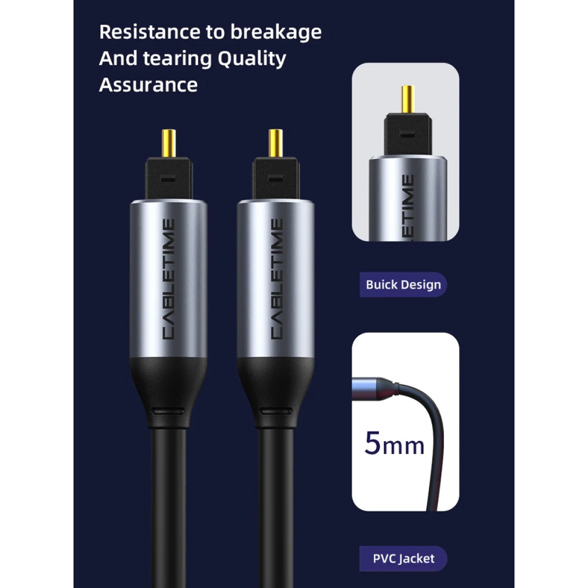 CABLETIME καλώδιο ήχου Toslink CT-AV380-P04GN, gold plated, 5mm, 1m, μαύρο