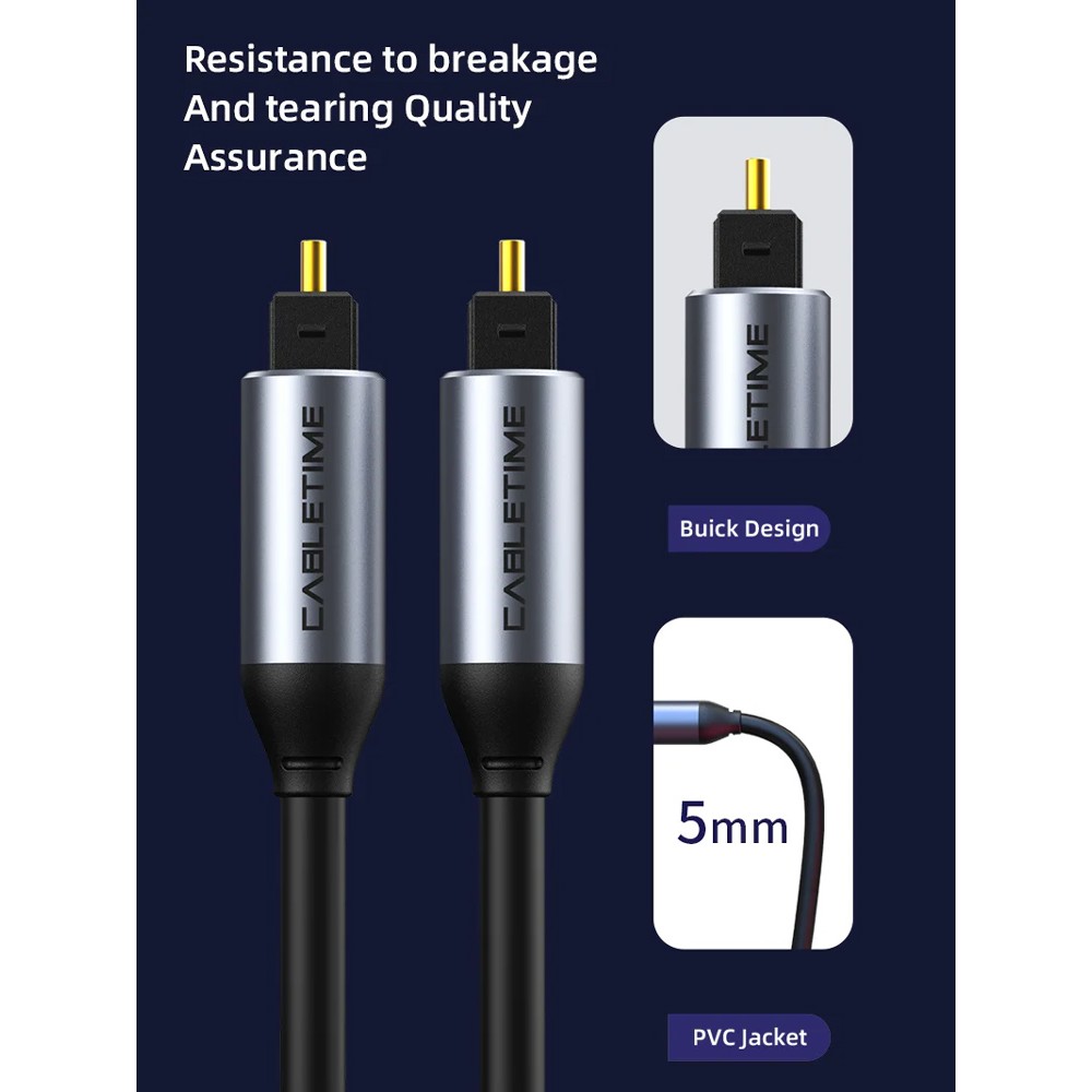 CABLETIME καλώδιο ήχου Toslink CT-AV380-P04GN, gold plated, 5mm, 5m, μαύρο
