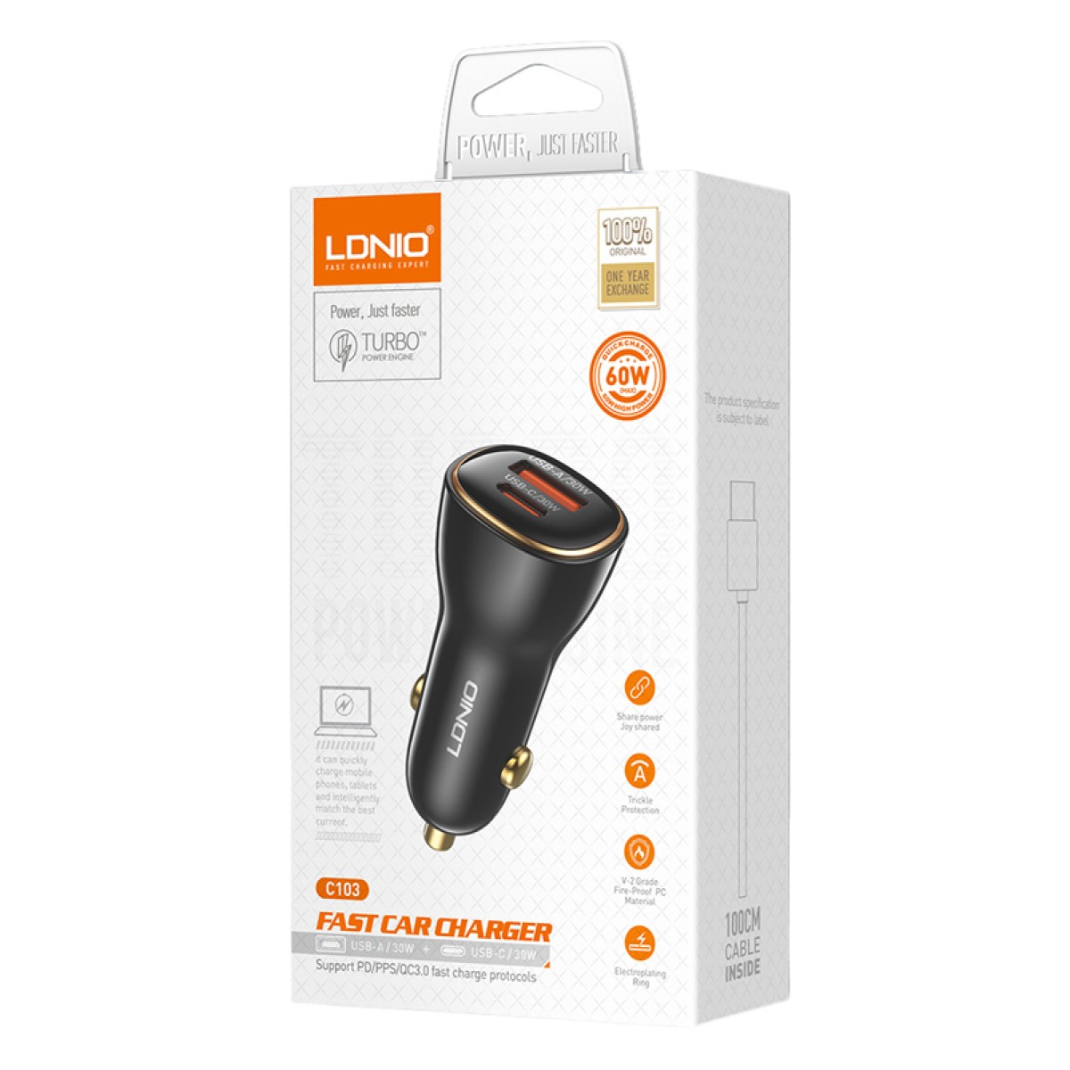 LDNIO φορτιστής αυτοκινήτου C103 με καλώδιο Lightning, USB/USB-C, 60W, μαύρος