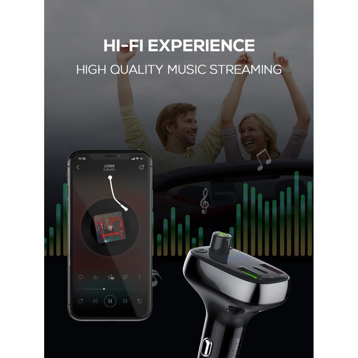 LDNIO FM transmitter & φορτιστής C704Q, USB-C/2x USB, 36W, Bluetooth, μαύρο