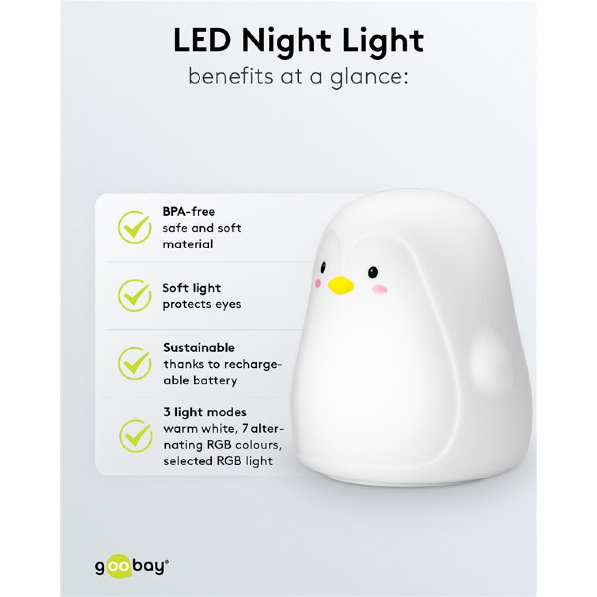 GOOBAY LED φωτιστικό νυκτός πιγκουίνος 61648, RGB, επαναφορτιζόμενο, λευκό