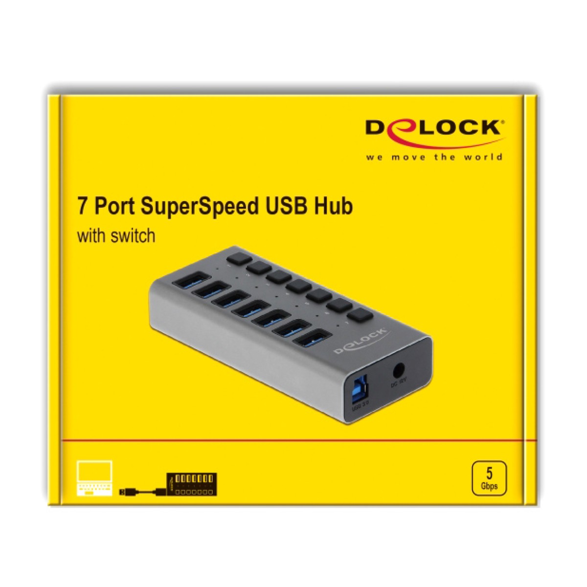 DELOCK USB hub 63669 με διακόπτες, 7x θυρών, 5Gbps, γκρι