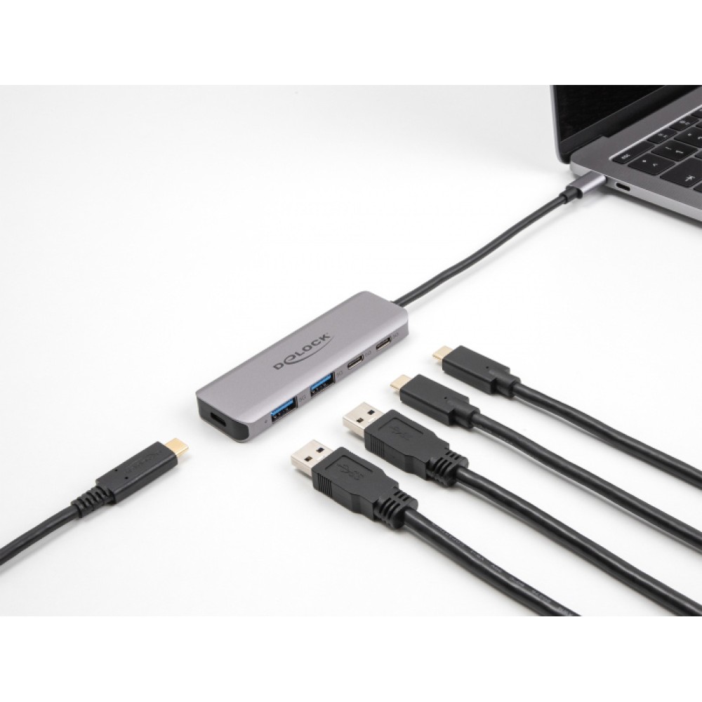 DELOCK USB hub 64239, 4x θυρών, 5Gbps, USB-C σύνδεση, γκρι