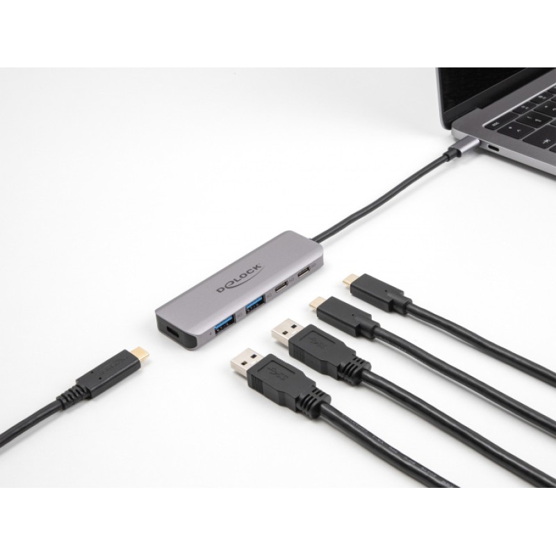 DELOCK USB hub 64239, 4x θυρών, 5Gbps, USB-C σύνδεση, γκρι