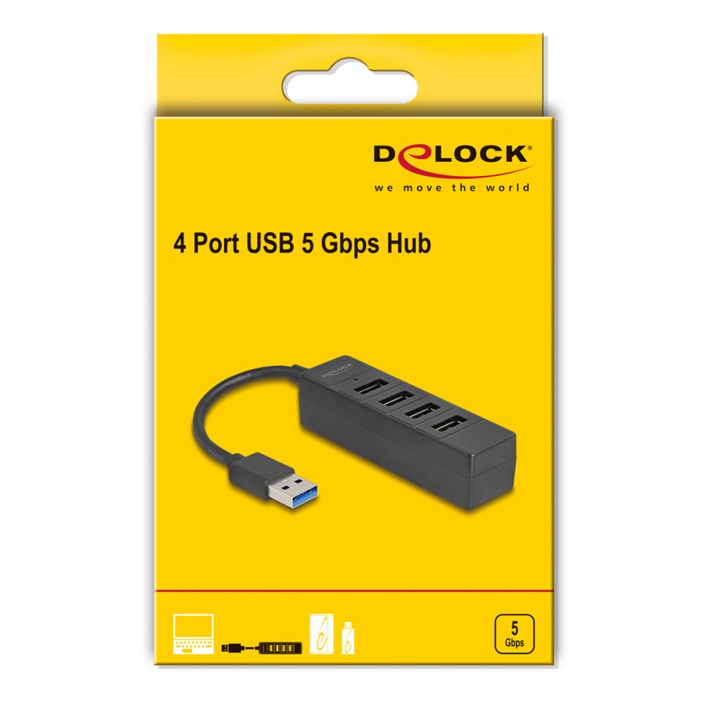DELOCK USB hub 64350, 4x θυρών, USB 3.0, 5Gbps, USB σύνδεση, μαύρος