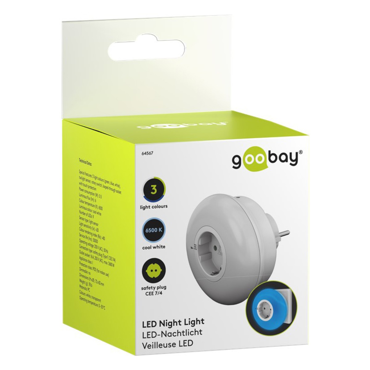 GOOBAY LED φωτιστικό νυκτός 64567, πρίζα schuko, 3 χρώματα φωτός, 6500K