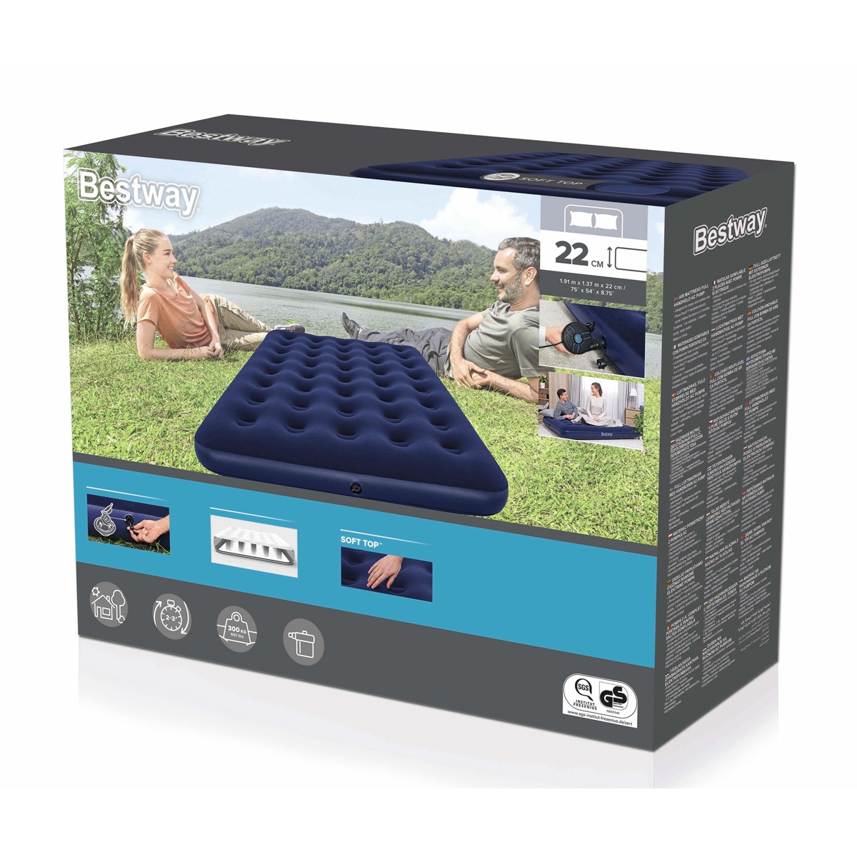 BESTWAY φουσκωτό στρώμα 67287 με ηλεκτρική τρόμπα, διπλό, 191x137x22cm, μπλε