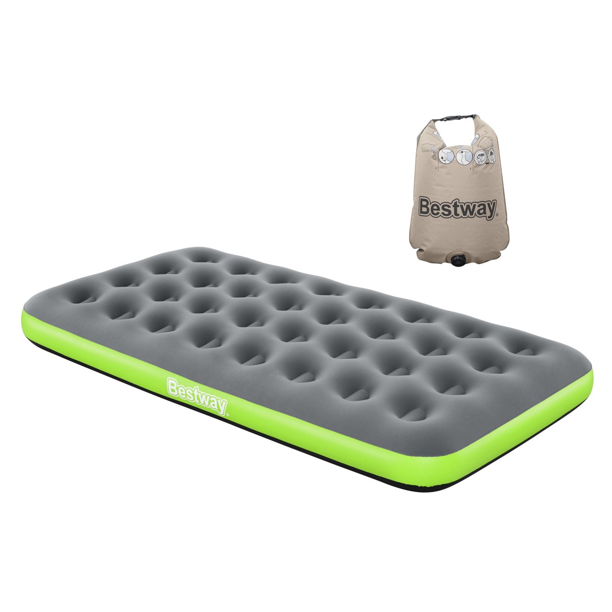 BESTWAY φουσκωτό στρώμα 67619 με 3 σε 1 τρόμπα/μαξιλάρι/τσάντα, μονό, 188x99x22cm, γκρι/πράσινο
