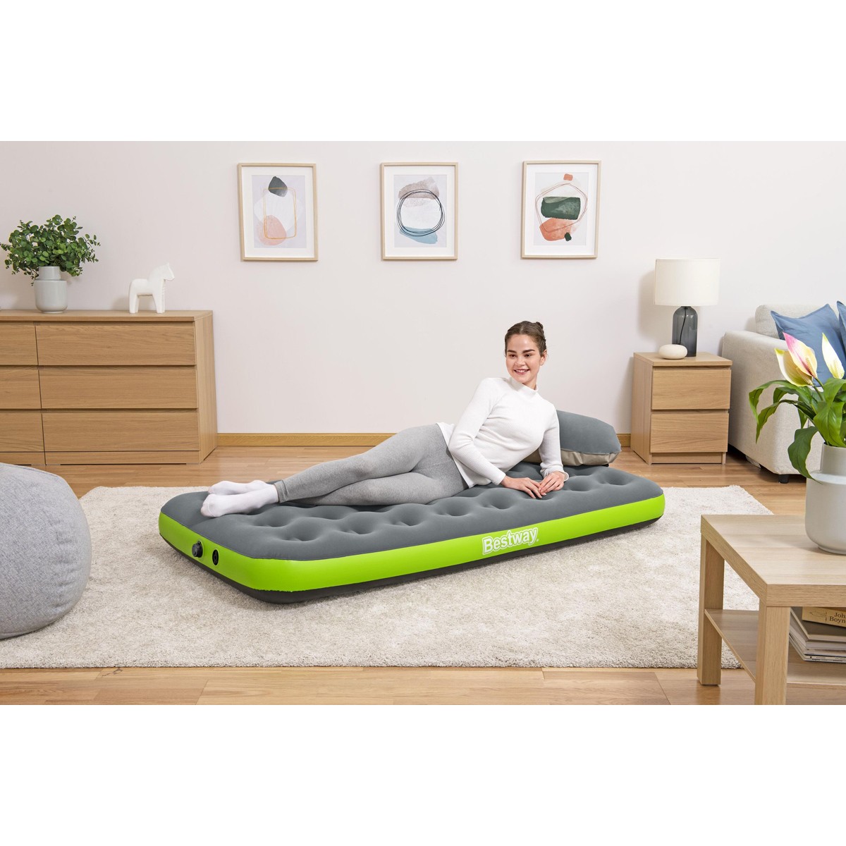 BESTWAY φουσκωτό στρώμα 67619 με 3 σε 1 τρόμπα/μαξιλάρι/τσάντα, μονό, 188x99x22cm, γκρι/πράσινο