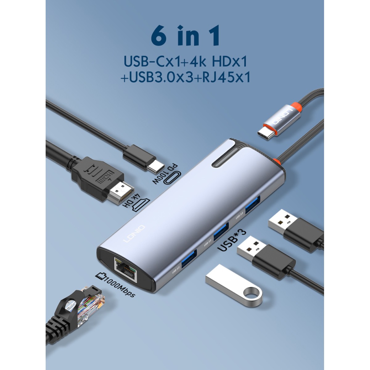 LDNIO docking station DS-16H, 6 θυρών, USB-C σύνδεση, 4K, 100W PD, γκρι