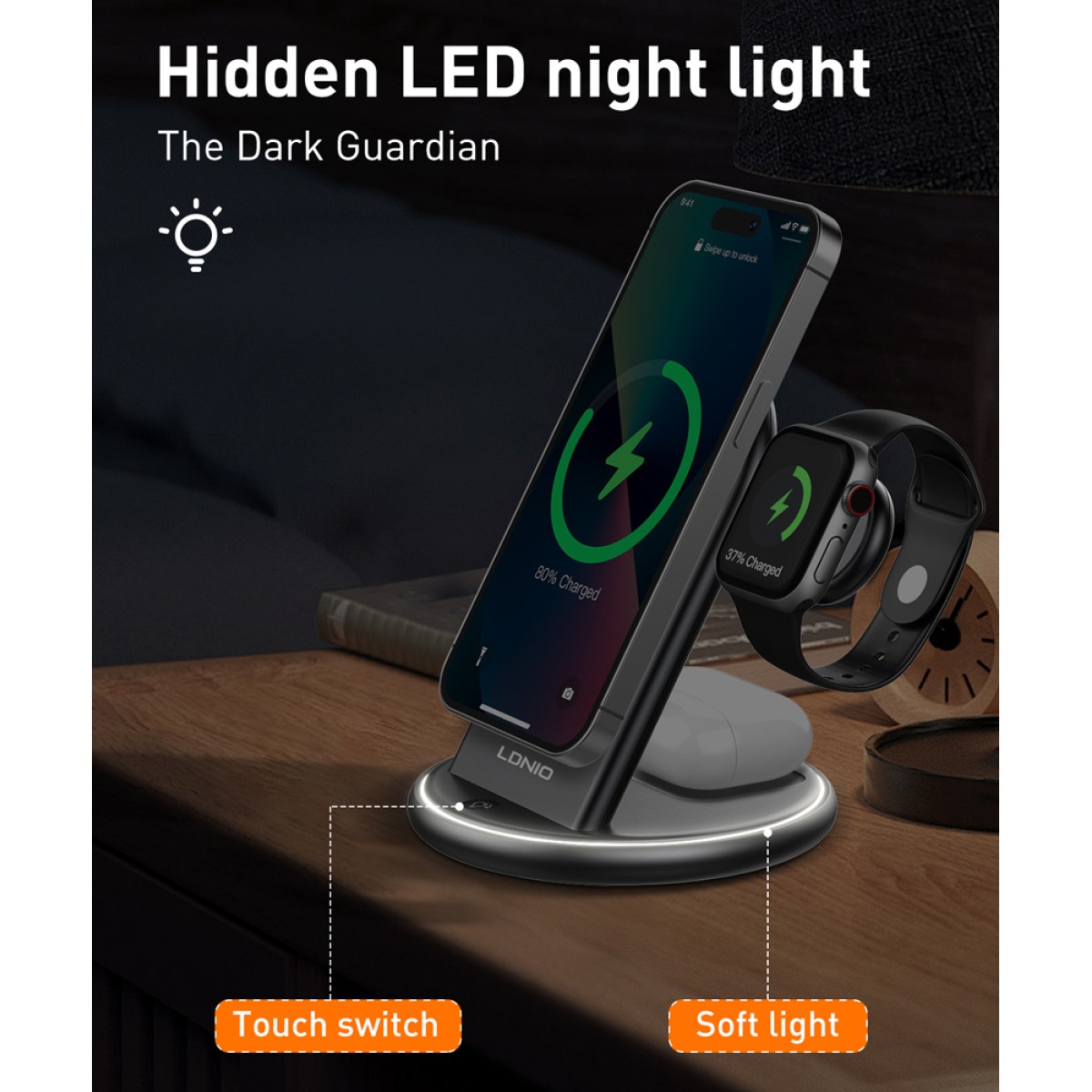 LDNIO ασύρματος φορτιστής WL02 με LED φωτισμό, 3 σε 1, 15W, μαύρος