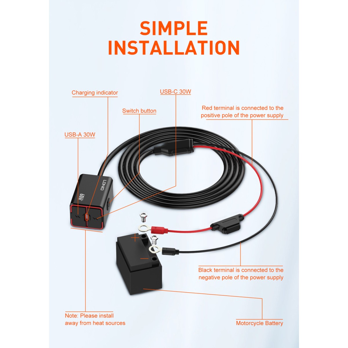 LDNIO φορτιστής μοτοσυκλέτας C108 με καλώδιο, USB/USB-C, 60W, μαύρος
