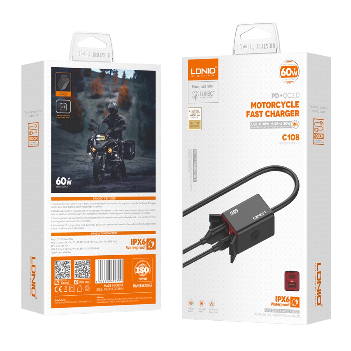 LDNIO φορτιστής μοτοσυκλέτας C108 με καλώδιο, USB/USB-C, 60W, μαύρος