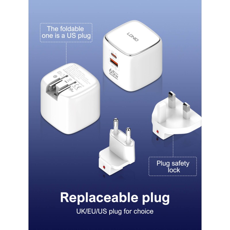 LDNIO φορτιστής τοίχου Q2617 με καλώδιο USB-C, EU/UK/US βύσμα, USB/USB-C, 65W, GaN, λευκός