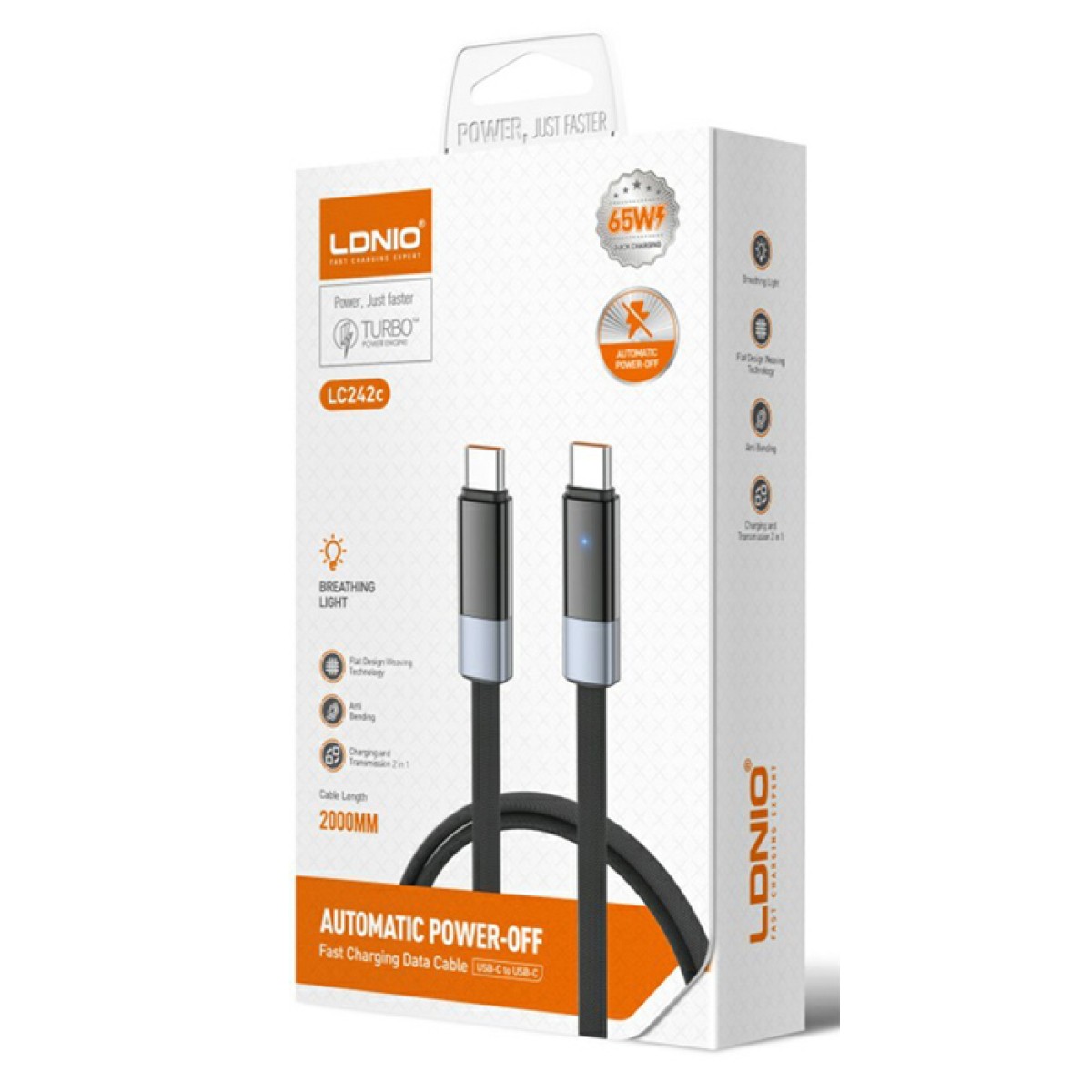 LDNIO καλώδιο USB-C LC242c, flat, 65W, 480Mbps, 2m, μαύρο