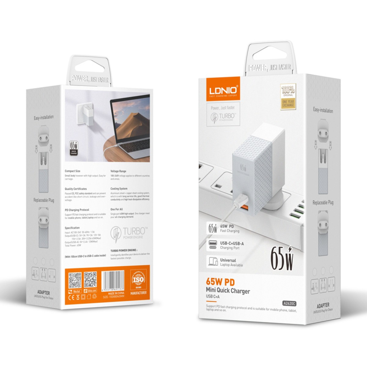 LDNIO φορτιστής τοίχου A2620C με καλώδιο, USB & USB-C, 65W PD, λευκός