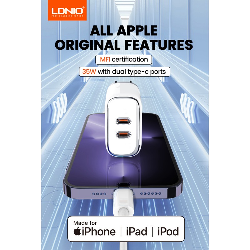 LDNIO φορτιστής τοίχου A2528M με καλώδιο, 2x USB-C, 35W, MFi, λευκό