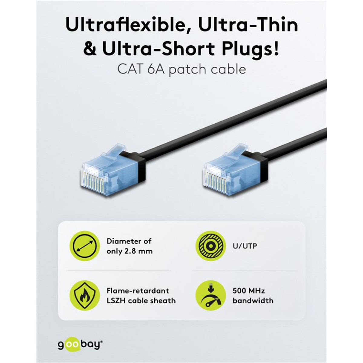 GOOBAY καλώδιο δικτύου 74234, CAT 6A U/UTP, ultra slim, copper, 500MHz, 2m, μαύρο