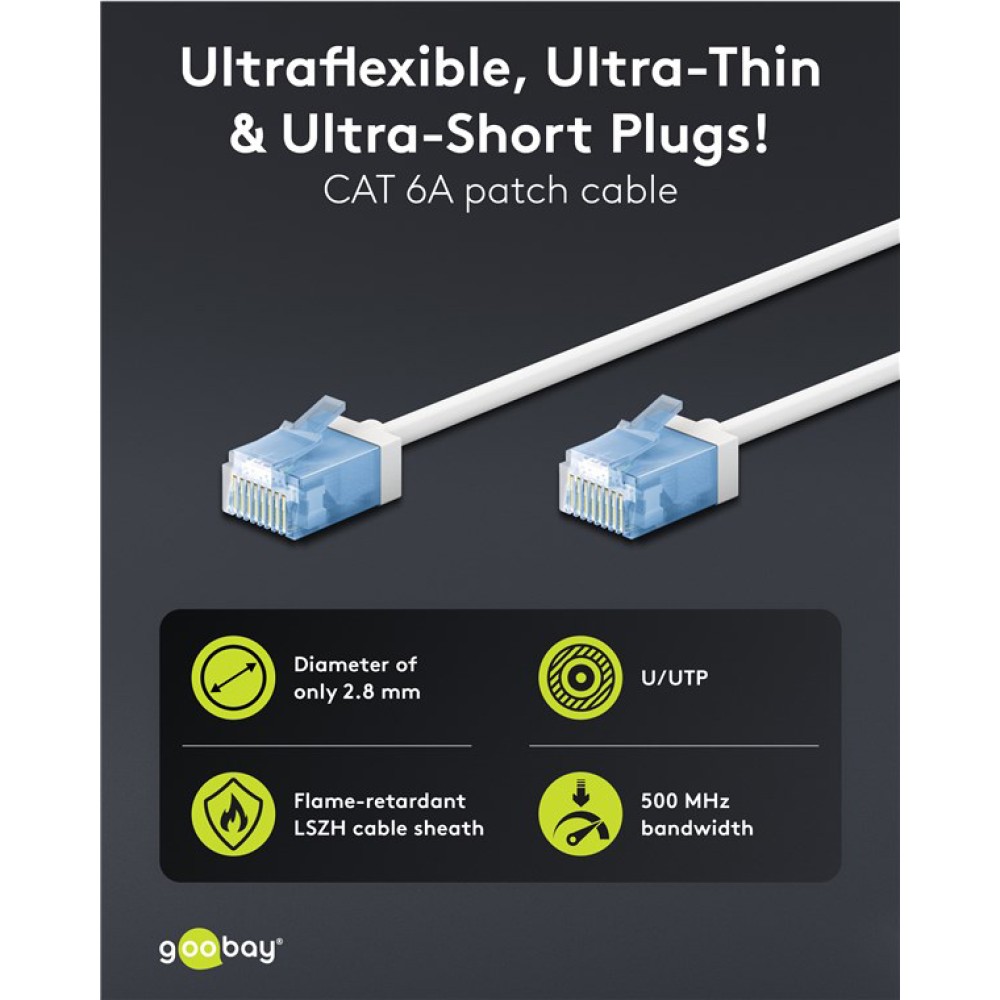 GOOBAY καλώδιο δικτύου 74244, CAT 6A U/UTP, ultra slim, copper, 500MHz, 0.15m, λευκό