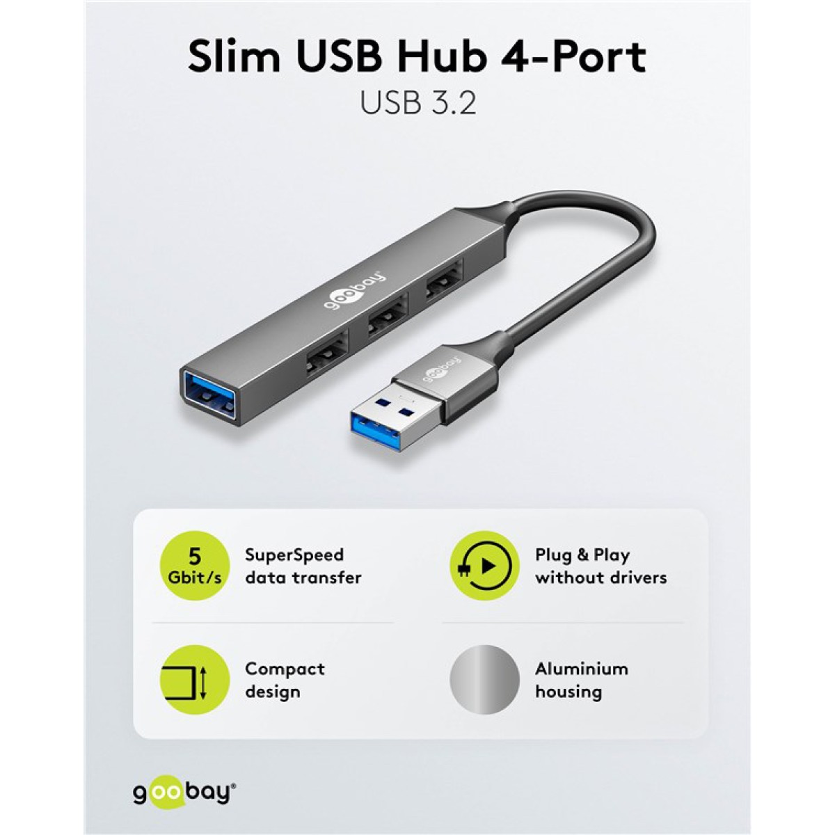 GOOBAY USB hub 74456, 4x θυρών, USB 3.2, 5Gbps, USB σύνδεση, γκρι