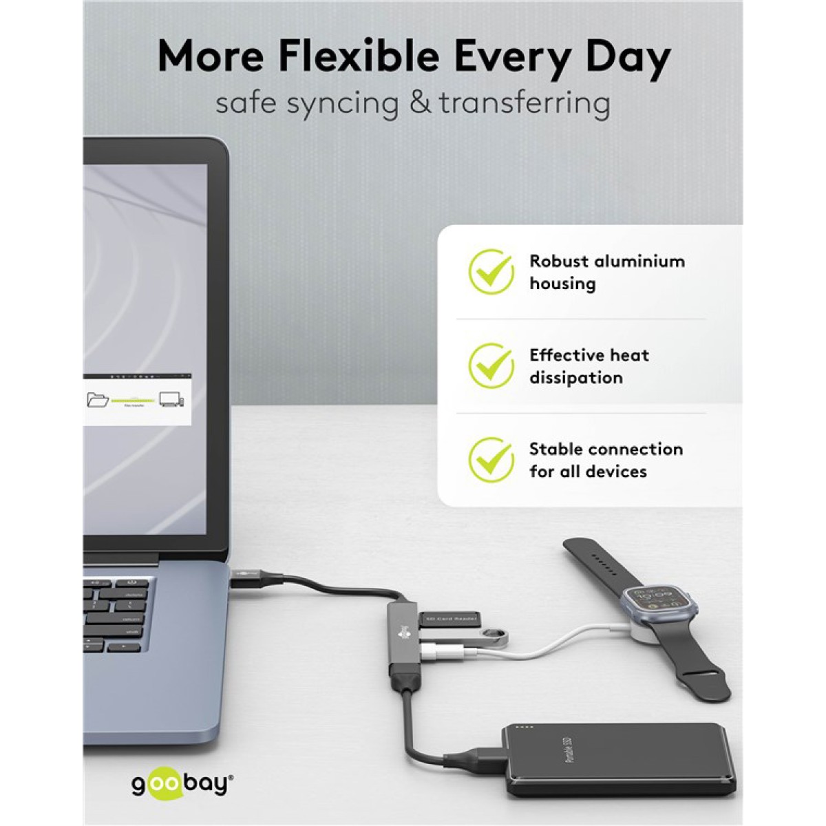 GOOBAY USB hub 74456, 4x θυρών, USB 3.2, 5Gbps, USB σύνδεση, γκρι