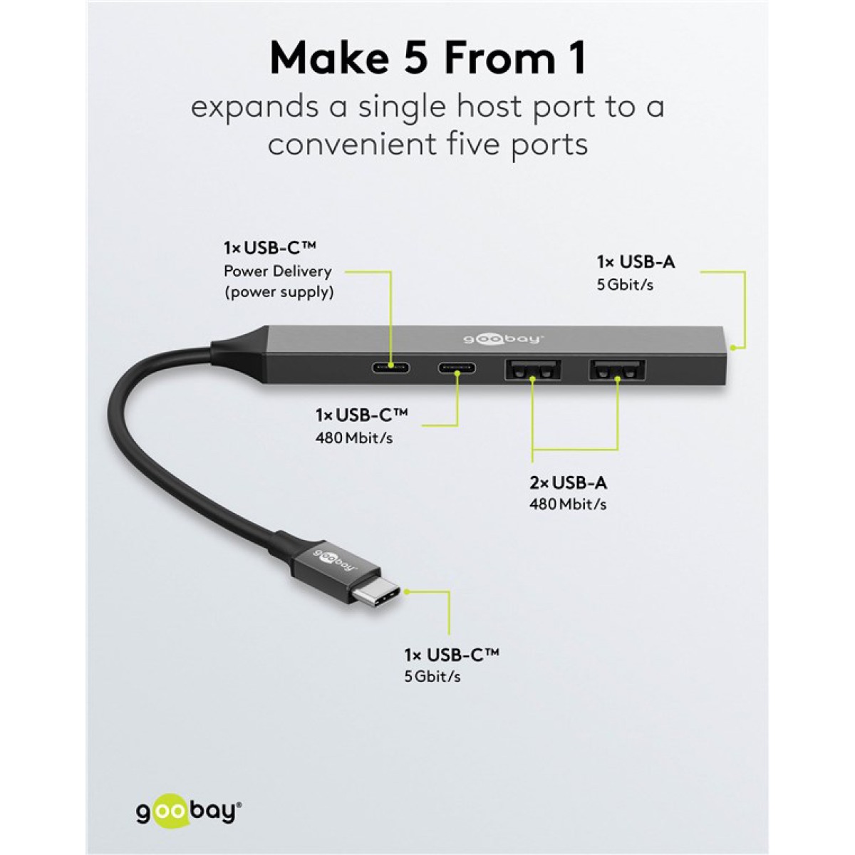 GOOBAY USB hub 74460, 5x θυρών, USB 3.2, 5Gbps, 100W, USB-C σύνδεση, γκρι