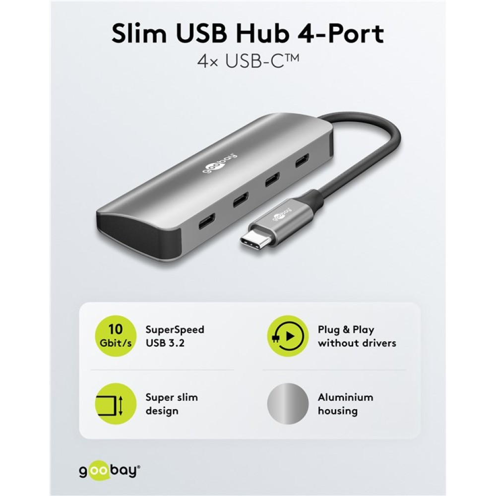 GOOBAY USB hub 76565, 4x θυρών, USB 3.2, 10Gbps, USB-C σύνδεση, γκρι