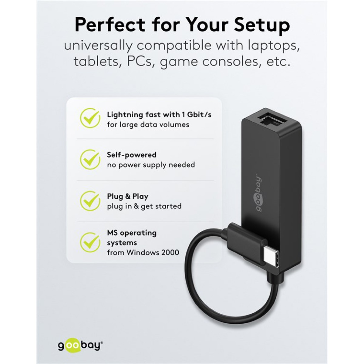 GOOBAY αντάπτορας δικτύου 76579, USB-C, 1000Mbps Ethernet, μαύρος