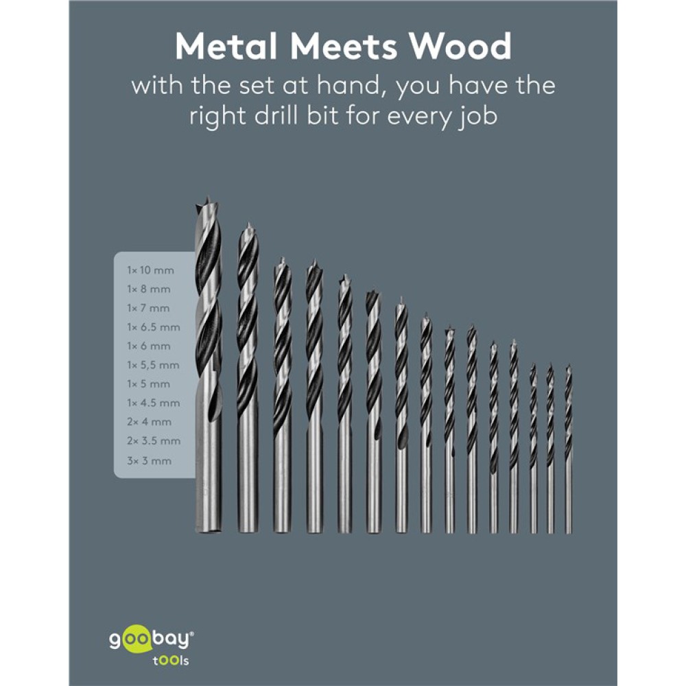 GOOBAY σετ τρυπάνια 77847 για ξύλο, χάλυβας άνθρακα, 3–10mm, κυλινδρικό, 15τμχ