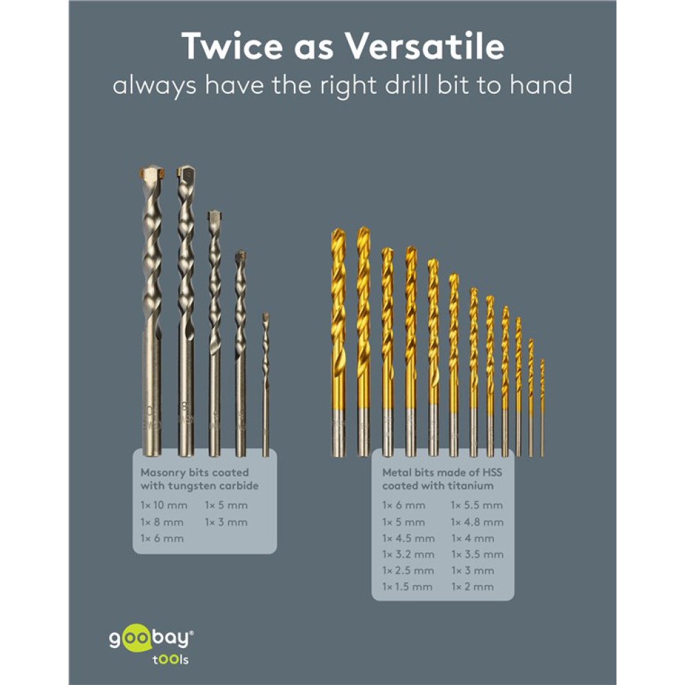 GOOBAY σετ τρυπάνια 77848 για μέταλλο/τοίχο, HSS/χάλυβας άνθρακα + YG8, 3–10mm/1.5-6mm, κυλινδρικό, 17τμχ