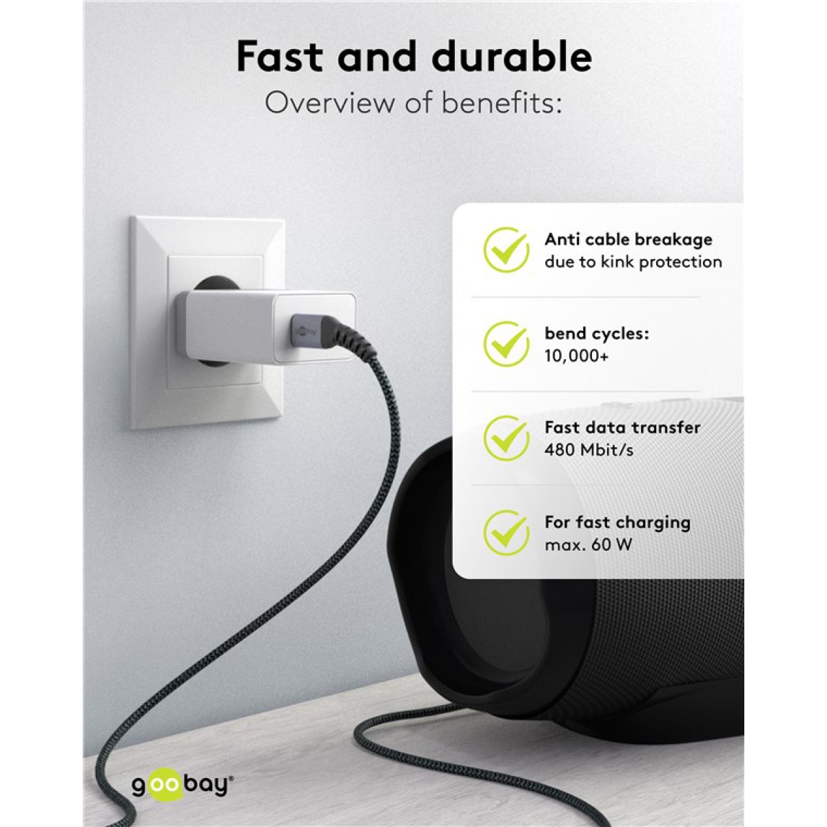 GOOBAY καλώδιο USB-C 79559, 60W, 480Mbps, 0.15m, μαύρο