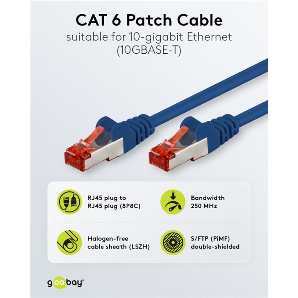 GOOBAY καλώδιο δικτύου 93211, CAT 6 S/FTP, copper, 250MHz, 0.25m, μπλε