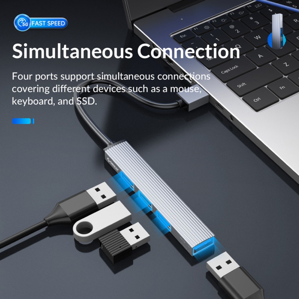 ORICO USB hub AH-A13, 4x θυρών, USB 3.0, 5Gbps, USB σύνδεση, γκρι