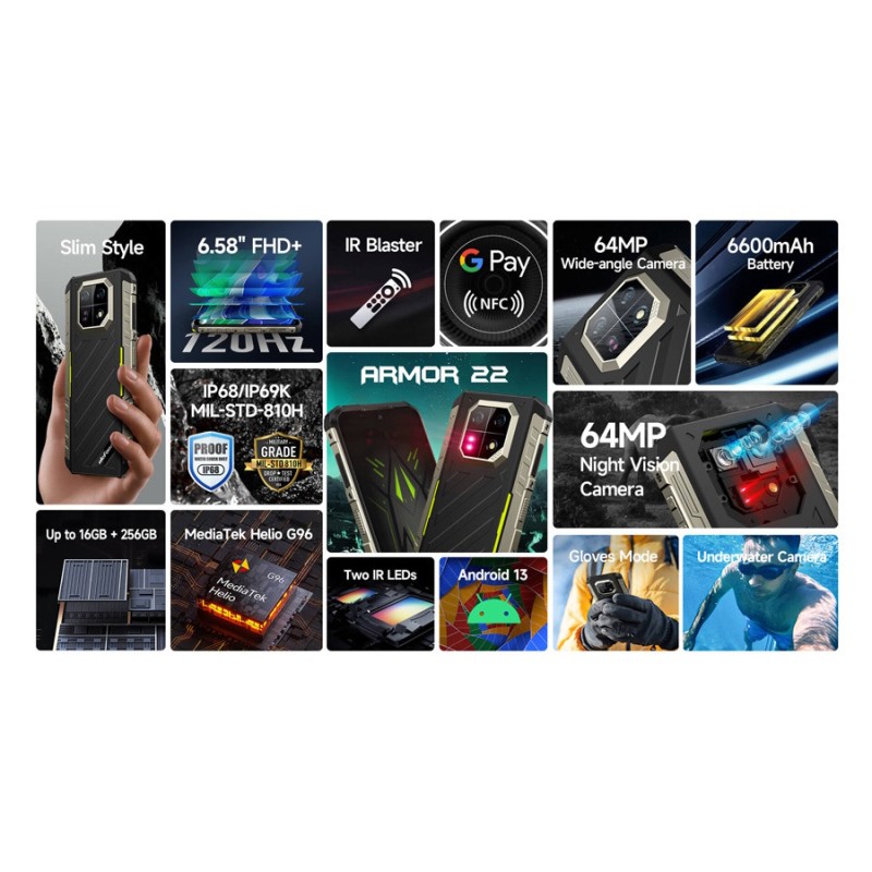 ULEFONE smartphone Armor 22, 6.58", 8/128GB, 6600mAh, IP68/IP69K, μαύρο