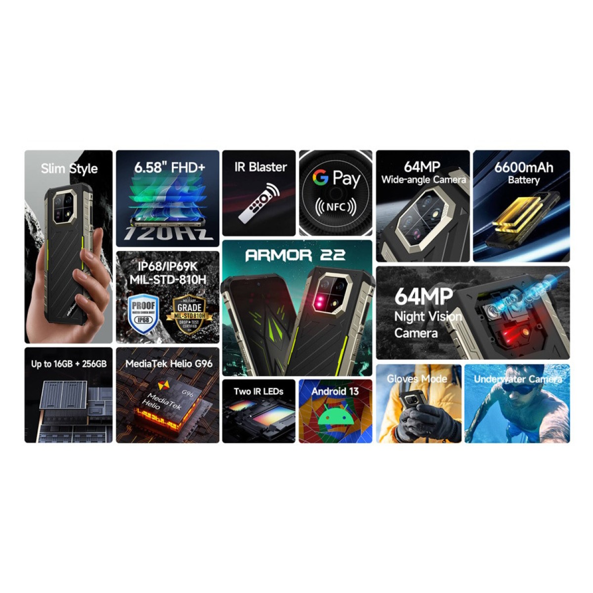 ULEFONE smartphone Armor 22, 6.58", 8/256GB, 6600mAh, IP68/IP69K, μαύρο