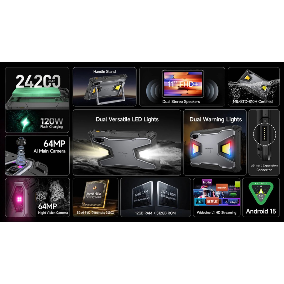 ULEFONE tablet Armor Pad 5 Pro, 11", 12GB/512GB, 24200mAh, IP68/IP69K/MIL-STD-810H, 5G, μαύρο