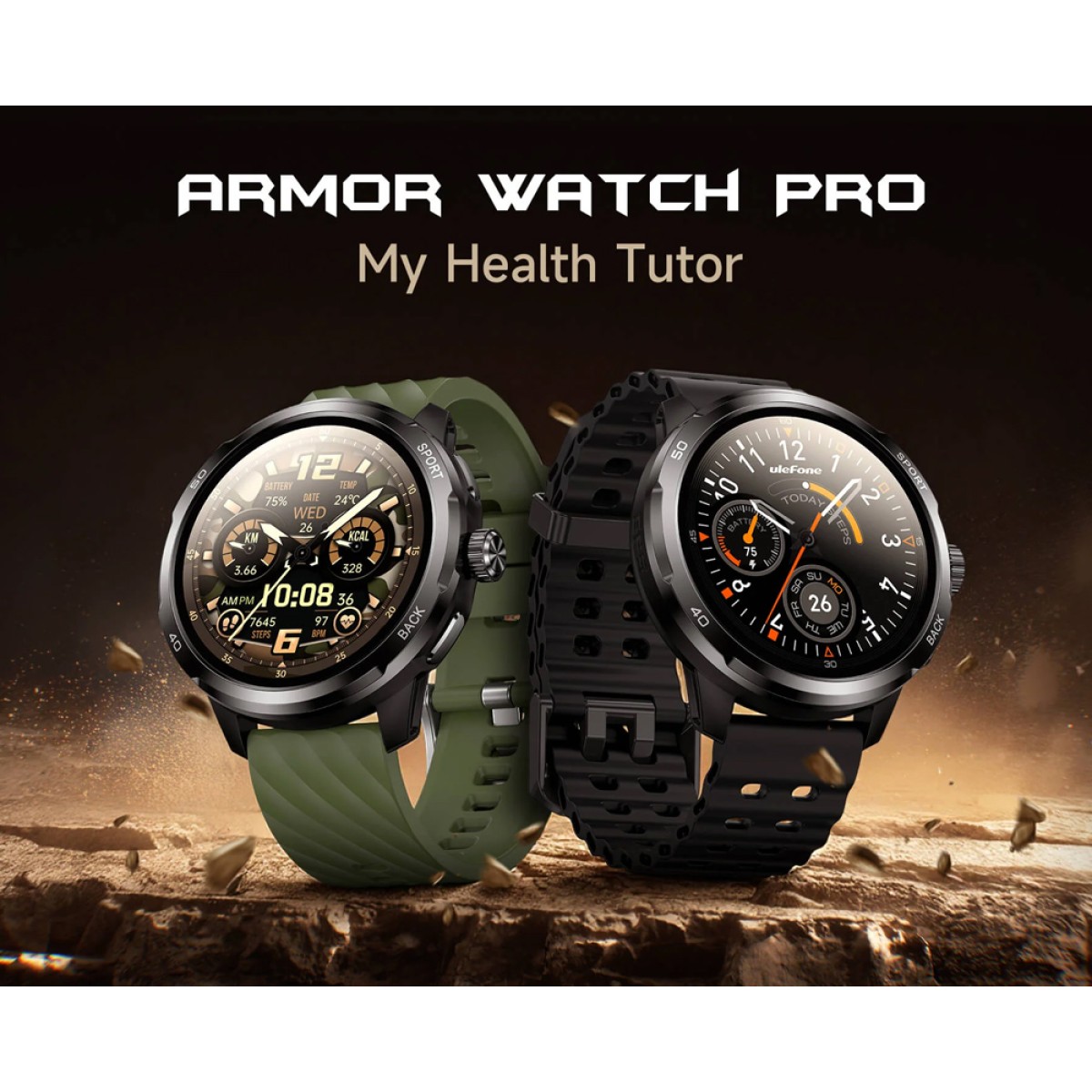 ULEFONE smartwatch Armor Watch Pro, 2x λουράκια, heart rate, 1.50" AMOLED, GPS, 5 ΑΤΜ/IP68/IP69K/MIL-STD-810H, μαύρο