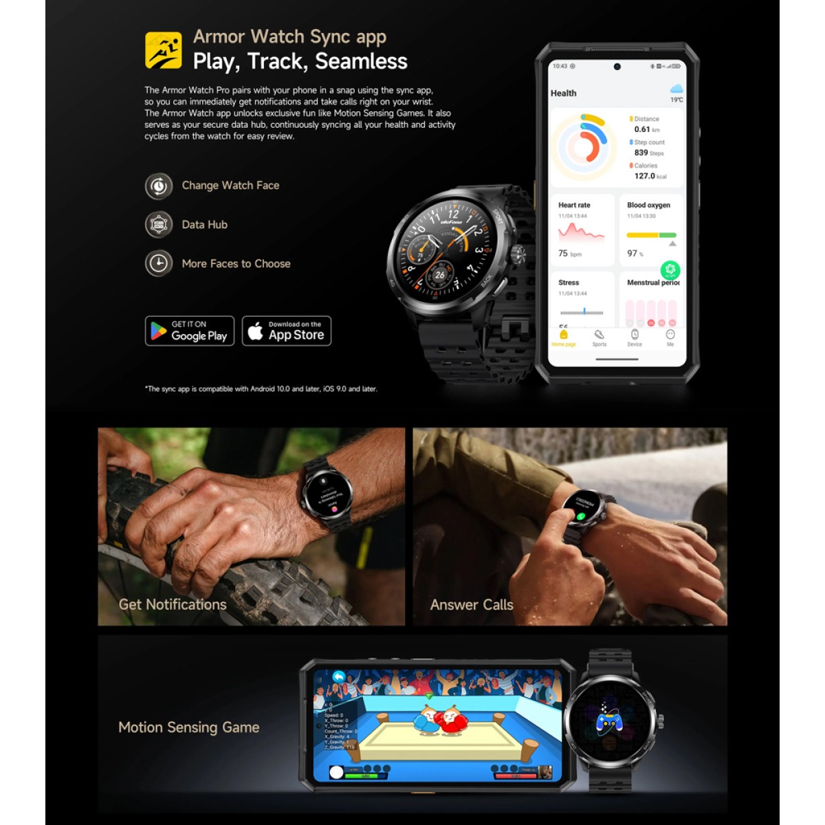 ULEFONE smartwatch Armor Watch Pro, 2x λουράκια, heart rate, 1.50" AMOLED, GPS, 5 ΑΤΜ/IP68/IP69K/MIL-STD-810H, μαύρο