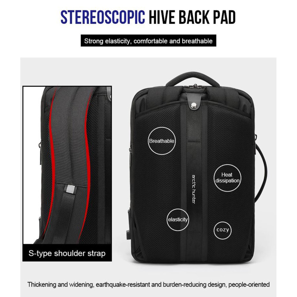 ARCTIC HUNTER τσάντα πλάτης B00345-BK με θήκη laptop 15.6", USB, μαύρη