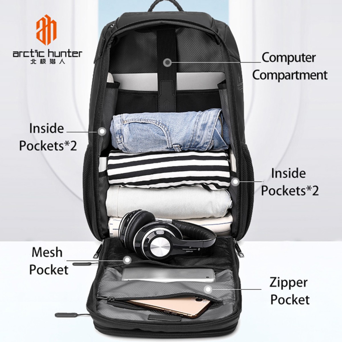 ARCTIC HUNTER τσάντα πλάτης B00461 με θήκη laptop 15.6", μαύρη