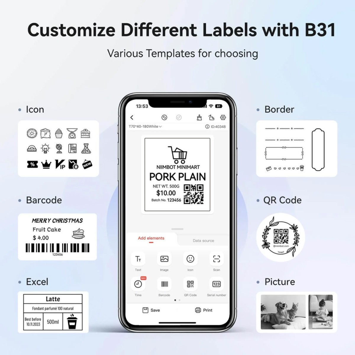 NIIMBOT smart θερμικός εκτυπωτής ετικετών B31, 203dpi, Bluetooth, μπλε