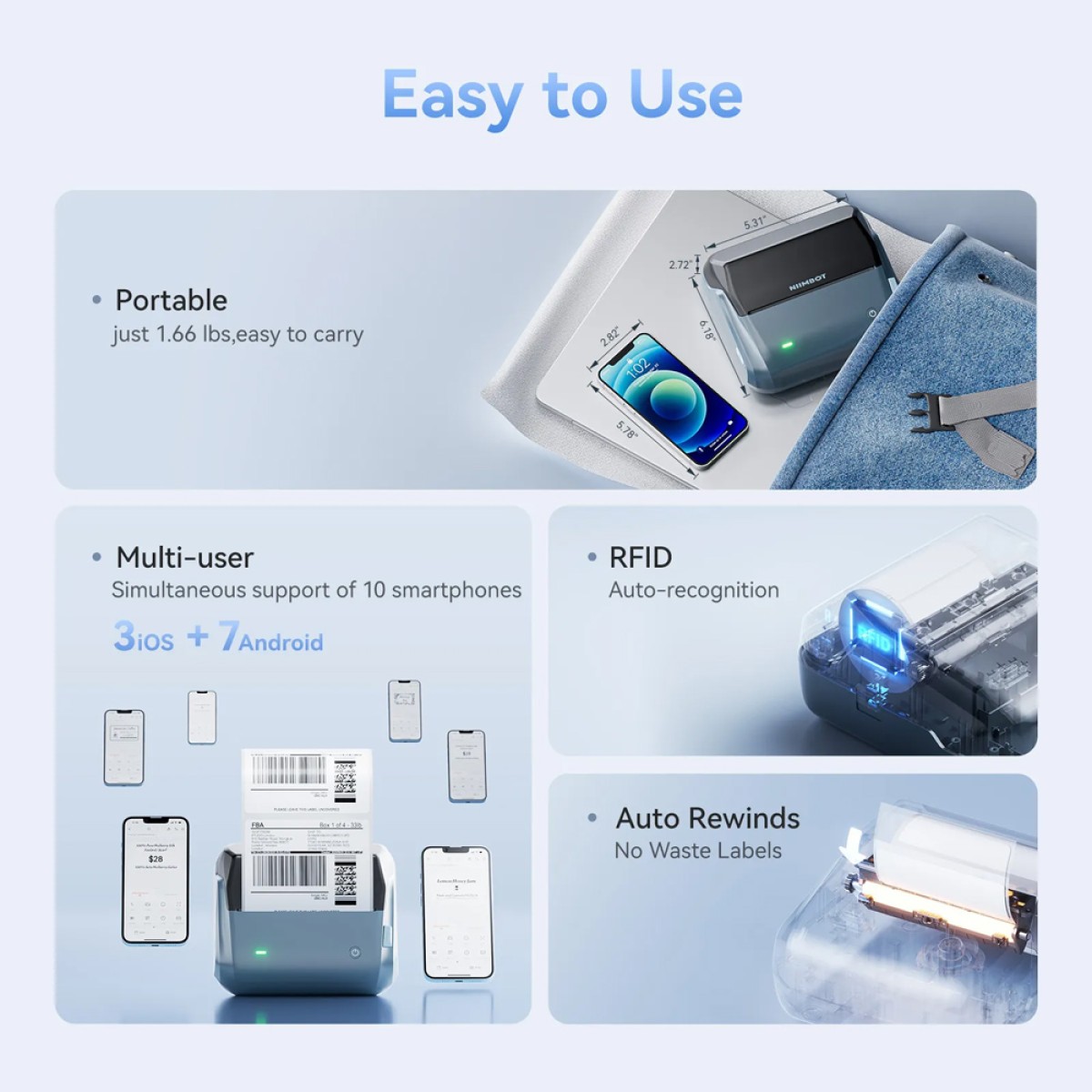 NIIMBOT smart θερμικός εκτυπωτής ετικετών B4, 203dpi, Bluetooth, μπλε