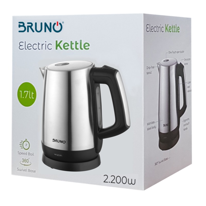 BRUNO ηλεκτρικός βραστήρας BRN-0030, 2200W, 1.7lt, βάση 360°