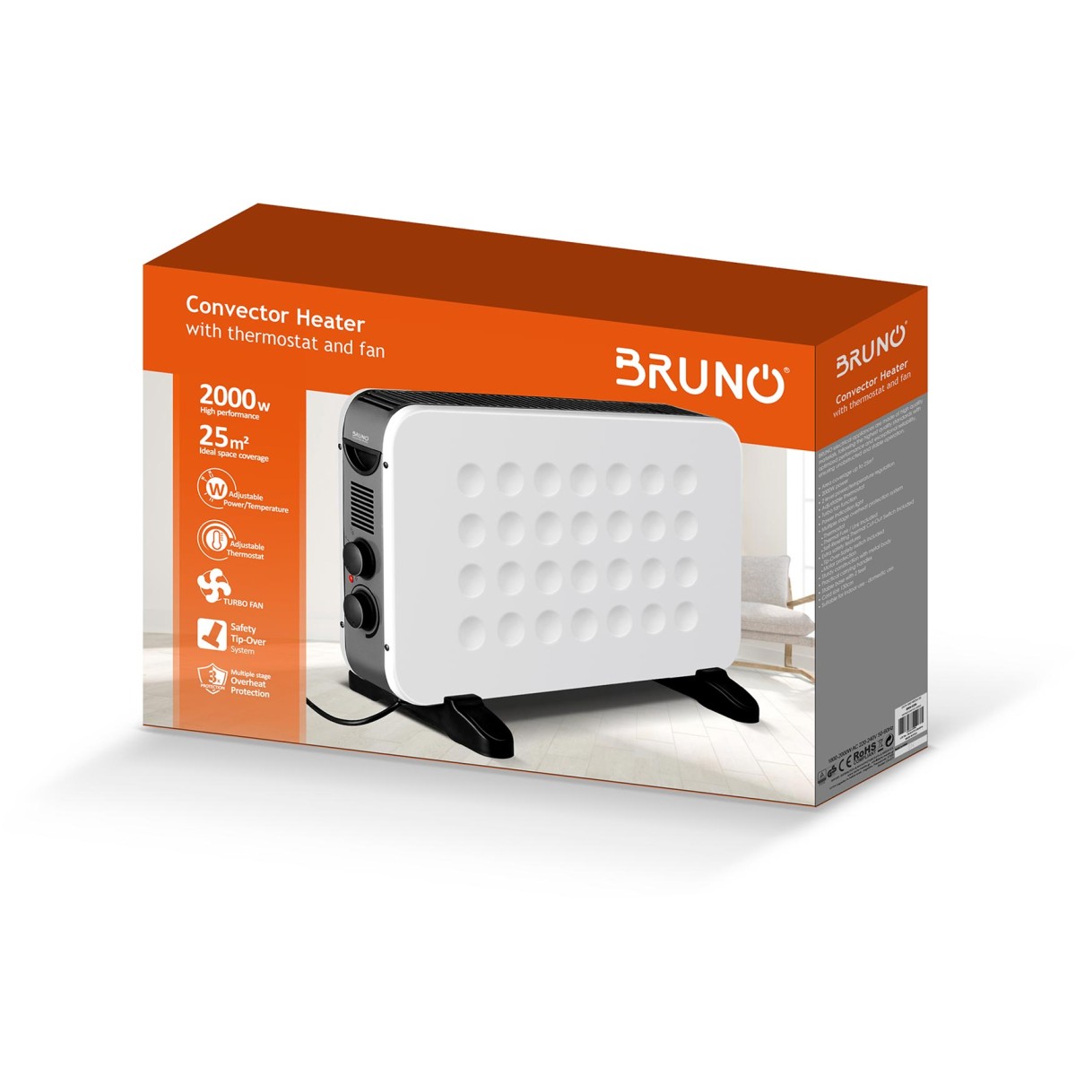BRUNO θερμοπομπός BRN-0206, 2000W, με θερμοστάτη & ανεμιστήρα, λευκός