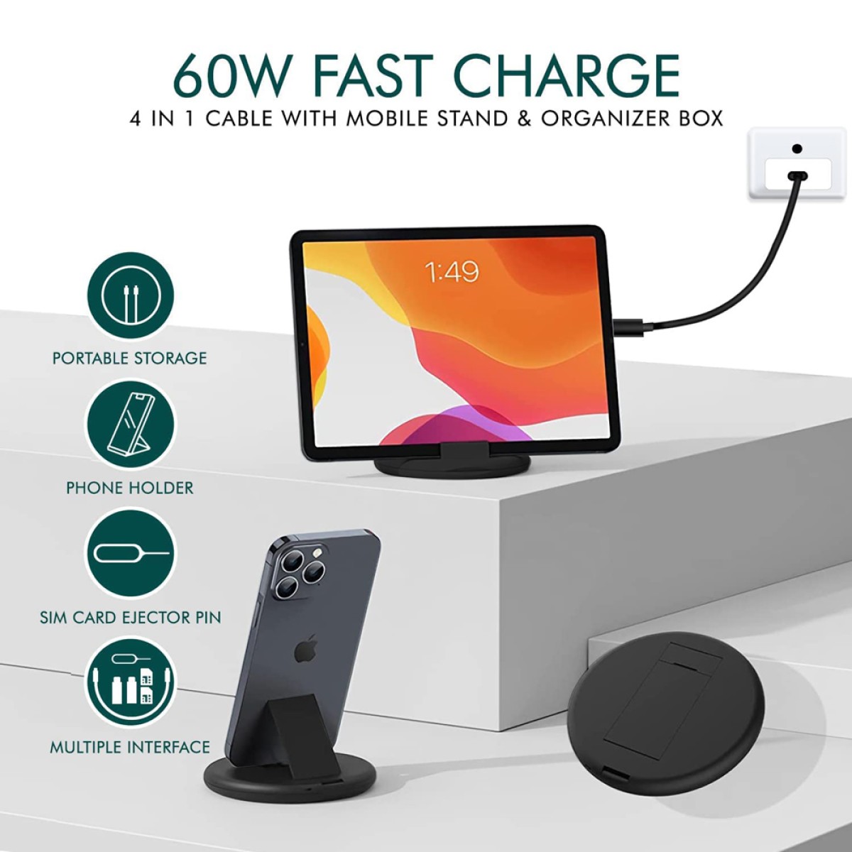 POWERTECH all in one κιτ φόρτισης με καλώδιο & αντάπτορες CAB-U161, 60W, 30cm, μαύρο