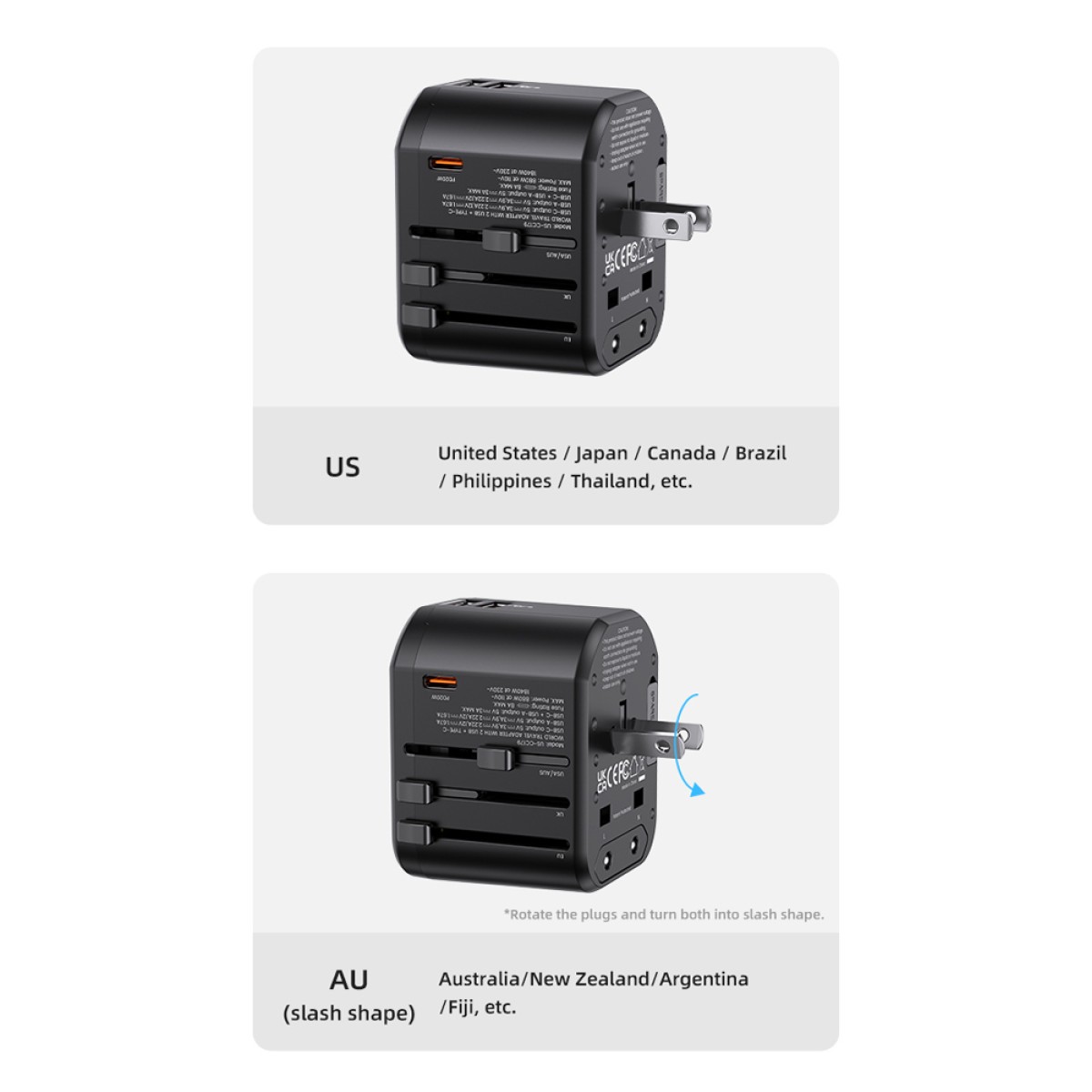 USAMS φορτιστής/αντάπτορας πρίζας US-CC179, USB-C & 2x USB, universal, 20W, μαύρος