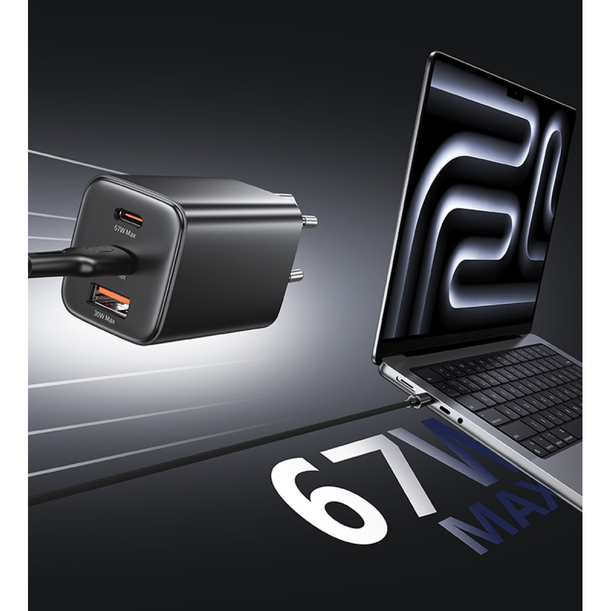 USAMS φορτιστής τοίχου CC265, USB & 2x USB-C, 67W, GaN, μαύρος